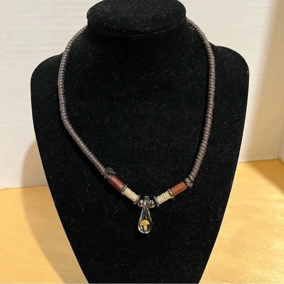Mushroom Hemp Choker Handmade Yellow Glass Mushroom Bead Necklace - Picture 1 of 6
